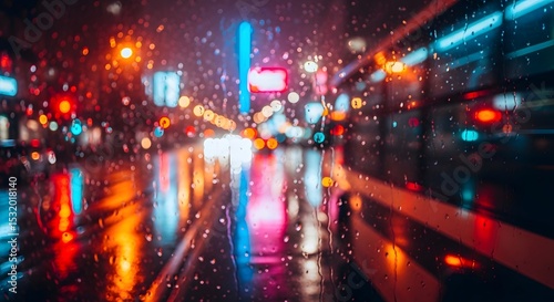 Vibrant Nightlife Reflected Through Raindrops on a Window in a Bustling City Street