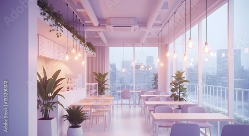 Modern Minimalist Caf? Interior with Soft Lighting and City View on a Rainy Day