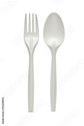 white plastic spoon and fork. bioplastic. recycle on tranparent background