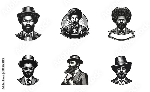 Afro man Gentlemen engrave vector illustration logo icon