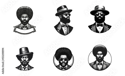 Afro man Gentlemen engrave vector illustration logo icon