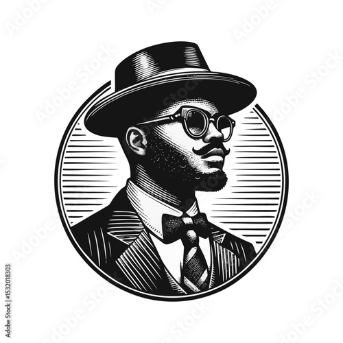 Afro man Gentlemen engrave vector illustration logo icon
