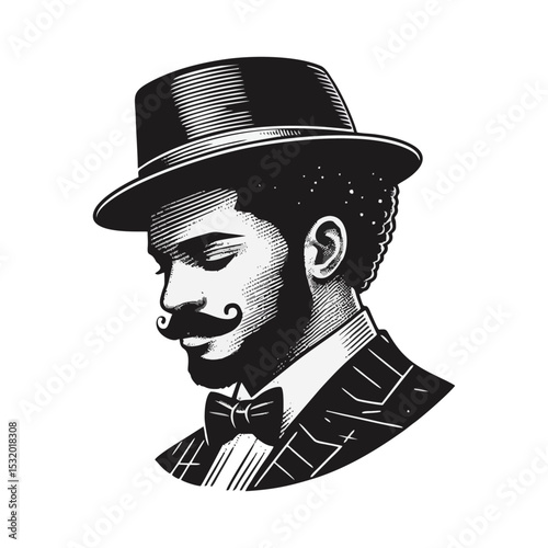 Afro man Gentlemen engrave vector illustration logo icon