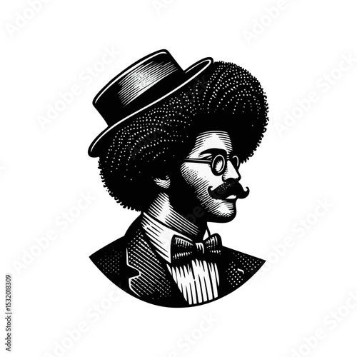 Afro man Gentlemen engrave vector illustration logo icon