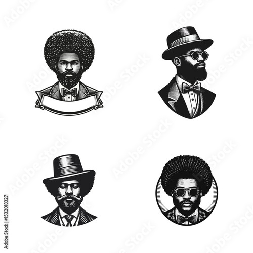 Afro man Gentlemen engrave vector illustration logo icon