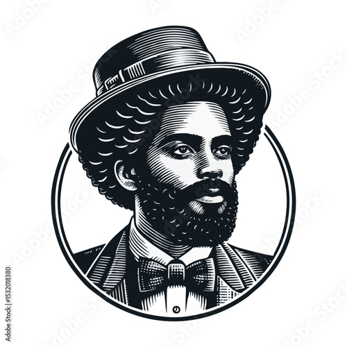 Afro man Gentlemen engrave vector illustration logo icon