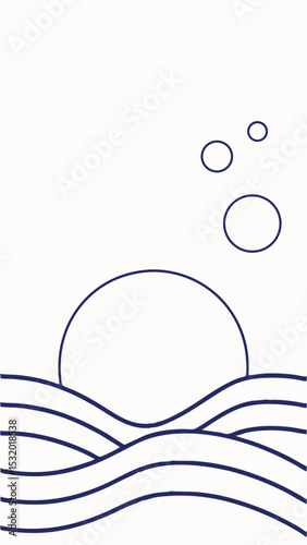Simple vector illustration of a sunset scene with minimalist water waves
