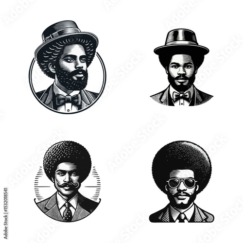 Afro man Gentlemen engrave vector illustration logo icon