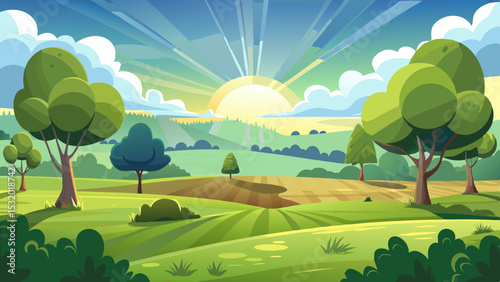 sunrise landscape in cartoon forest with trees and green hills