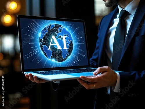 Businessman with Laptop Showing World Globe