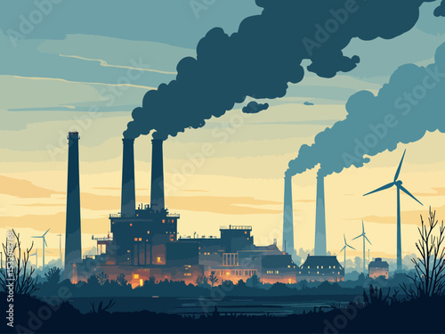  A coal power plant and oil refinery in the foreground, smokestacks emitting dark clouds