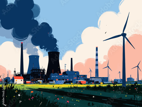  A coal power plant and oil refinery in the foreground, smokestacks emitting dark clouds