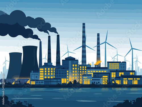  A coal power plant and oil refinery in the foreground, smokestacks emitting dark clouds