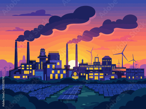  A coal power plant and oil refinery in the foreground, smokestacks emitting dark clouds