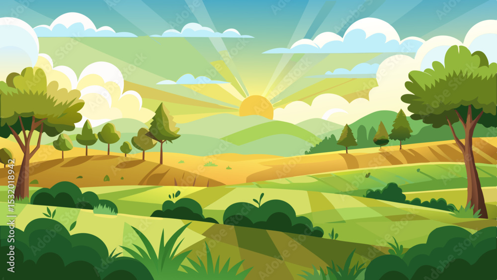 Fototapeta premium sunrise landscape in cartoon forest with trees and green hills