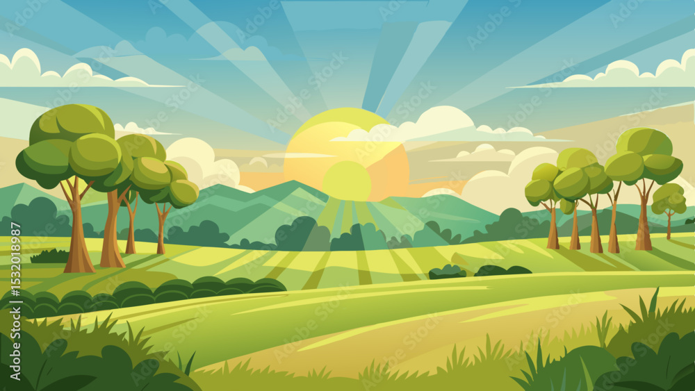 Obraz premium sunrise landscape in cartoon forest with trees and green hills