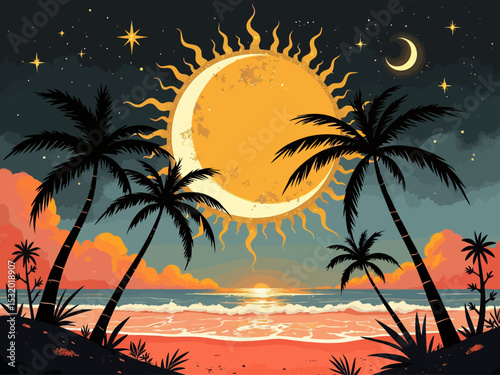 gold sun and moon frame, mystic deco style, soft light glitter texture, cosmic aesthetic