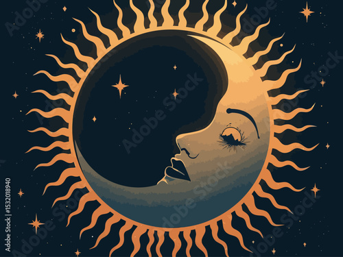 gold sun and moon frame, mystic deco style, soft light glitter texture, cosmic aesthetic