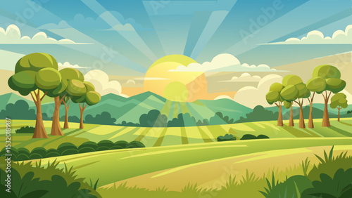 sunrise landscape in cartoon forest with trees and green hills