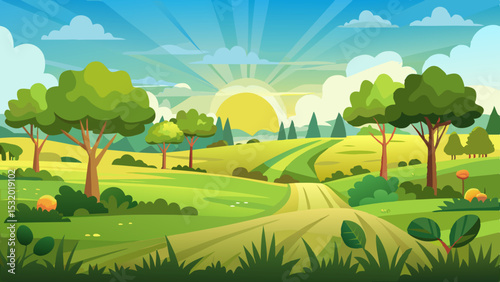 sunrise landscape in cartoon forest with trees and green hills
