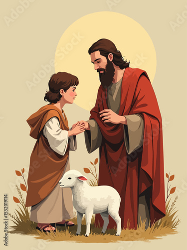 Little Jesus Christ and Saint Joseph pasturing sheep