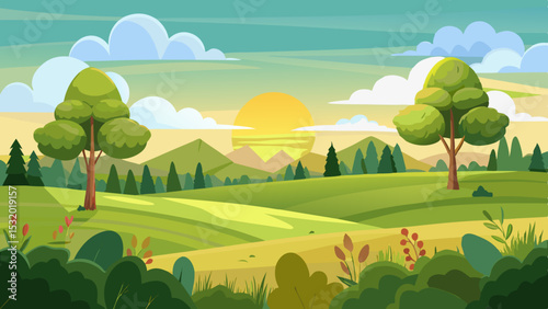sunrise landscape in cartoon forest with trees and green hills