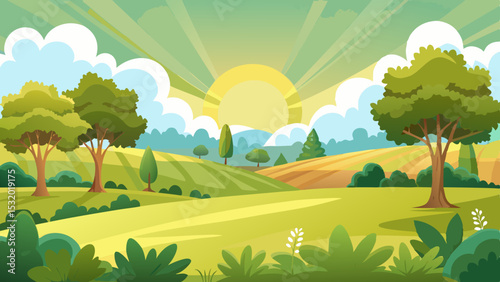 sunrise landscape in cartoon forest with trees and green hills