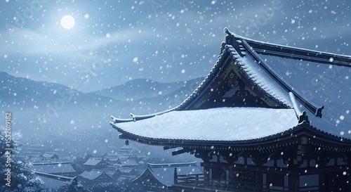 Serene Snowfall Over Traditional Temple at Night with Illuminated Moonlight