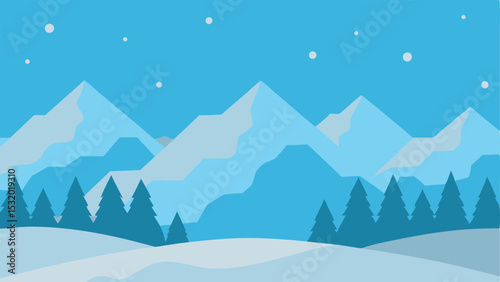 Simple winter landscape illustration featuring mountains and evergreen trees silhouettes