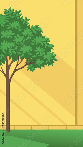 Simplified illustration of a tree with lush green leaves on a sunny yellow background