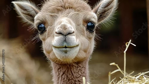 Cute baby camels enjoying fresh hay at the farm in the morning sunshine, Cute baby camels chewing the hale at the farm