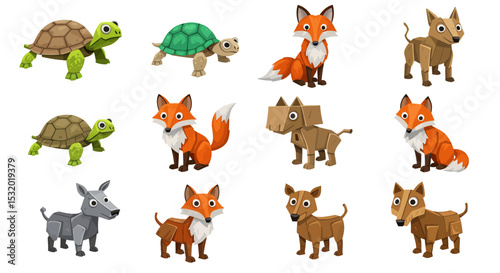 Animals with cartoon, turtle, fox, dog, and set.