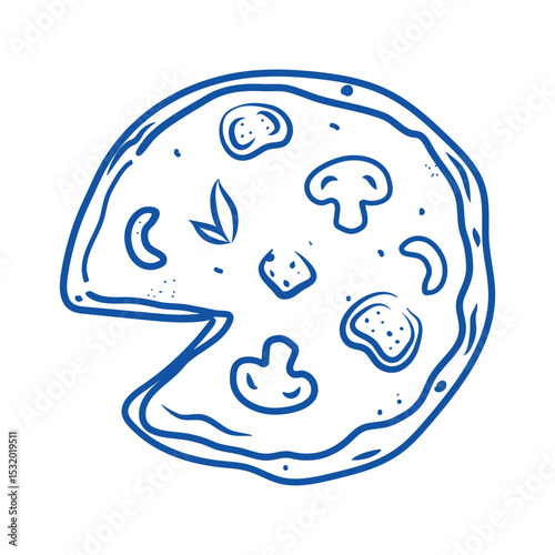 Italian pizza in doodle style. Hand drawn blue chalk crayon food sketch. Italy ingredients for dish menu, cafe, restaurant, wedding, print, invitation. Minimalist flat sticker. Charcoal vector illustr