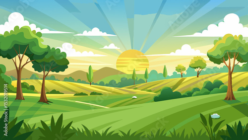 sunrise landscape in cartoon forest with trees and green hills