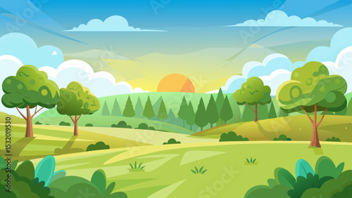 sunrise landscape in cartoon forest with trees and green hills