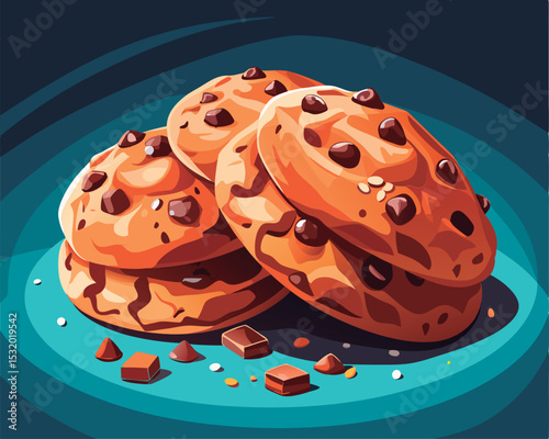Delicious stacked chocolate chip cookies.