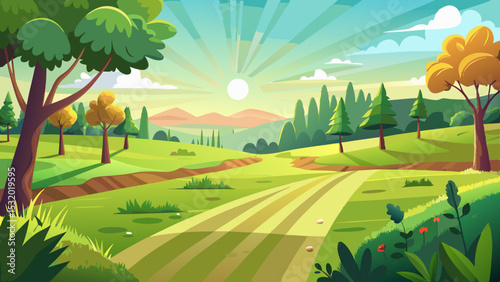 sunrise landscape in cartoon forest with trees and green hills