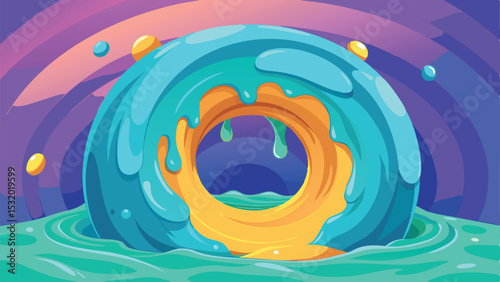 Abstract colorful donut illustration with dynamic turquoise icing and surrounding teal water