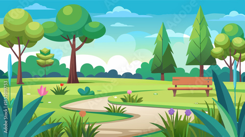 cartoon nature park landscape with trees, walking path and bench