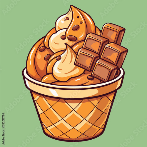Delicious ice cream sundae with chocolate.