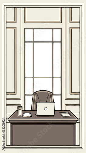 Stylish office interior illustration with desk laptop chair glass and paper documents