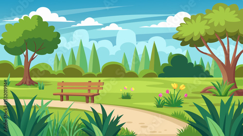 cartoon nature park landscape with trees, walking path and bench
