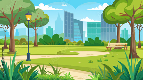 cartoon nature park landscape with trees, walking path and bench