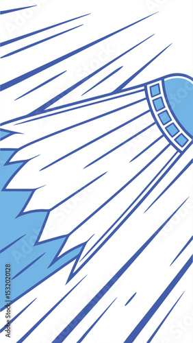 Stylized badminton shuttlecock illustration in blue and white with dynamic abstract lines