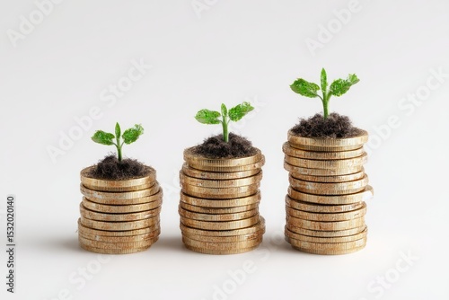 Gold coins stacked high, growing plants on top