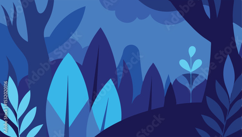 Stylized forest landscape illustration with abstract shapes and shades of blue colors
