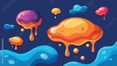 Abstract colorful melting forms with fluid drops and waves on dark blue background