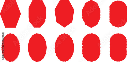 Red silhouette scalloped frames. Geometric shapes stickers with zigzag wavy edge. Set of frames with zigzag edge, scallop edge shape. red color frame,Kalarful Of Red Kalar