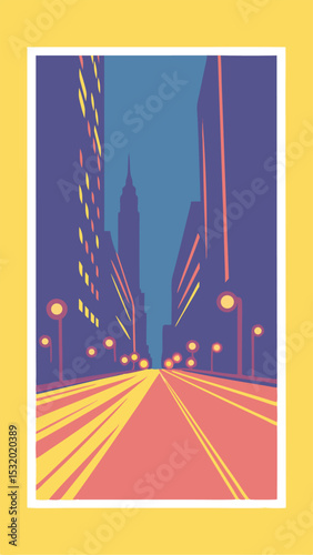Stylized city street illustration with buildings and lights on a white background