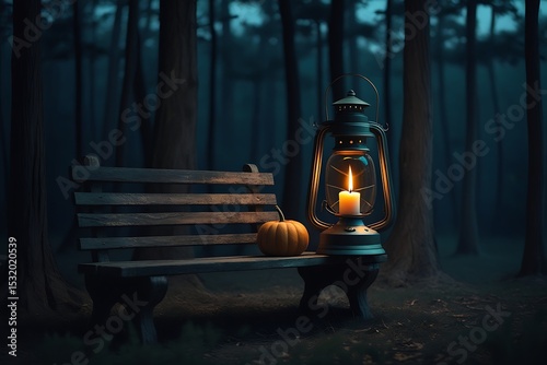 Autumn night in the woods with lantern and pumpkin